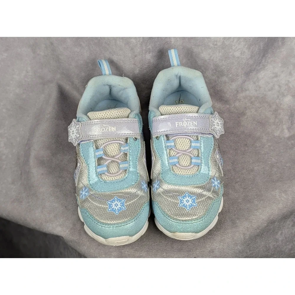 Disney Frozen Elsa Anna Light Up Sneakers‎ Blue Silver Glitter Girls Size 12